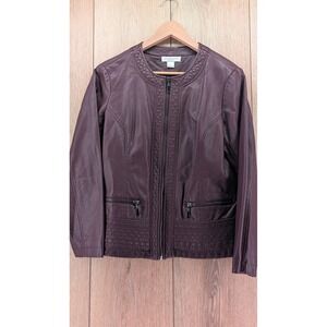 Christopher & Banks Petite Faux Leather Jacket P/S Burgundy Embossed Zip Front